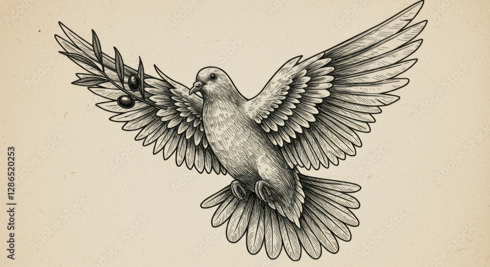 Obraz premium dove, olive branch, peace symbol, sketch, pencil drawing, detailed wings, flying bird, sepia tones, vintage illustration, realistic shading, graceful pose, symbolic imagery, traditional art, monochrom