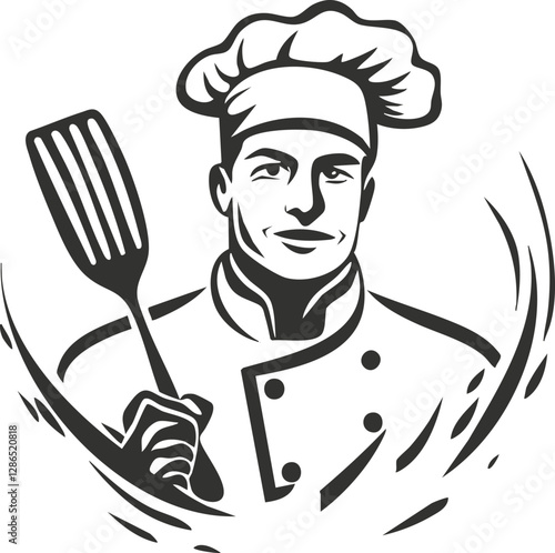 Illustration of a smiling chef holding a spatula in uniform.