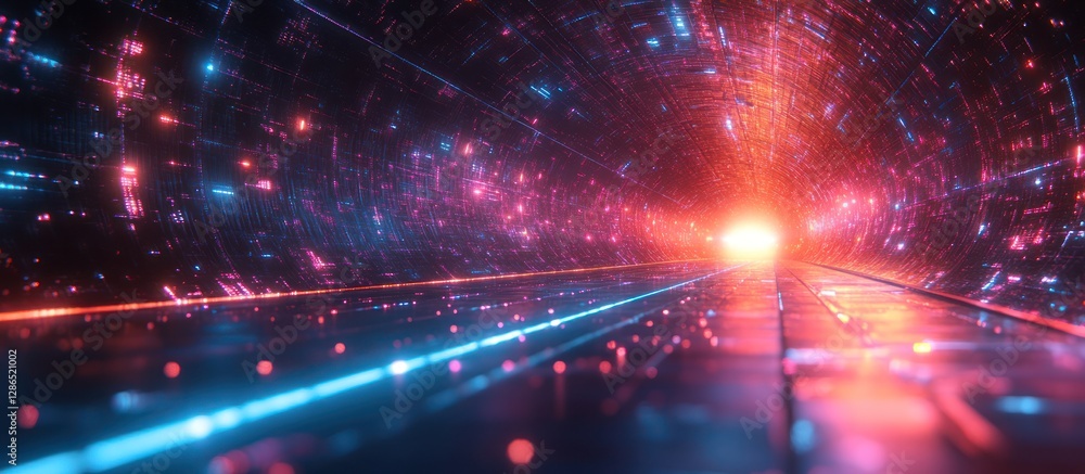 Futuristic neon tunnel with vibrant lights and glowing particles. Futuristic neon tunnel with vibrant lights and glowing particles.
