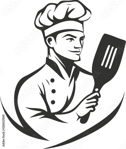 Illustration of a chef holding a spatula in black and white.