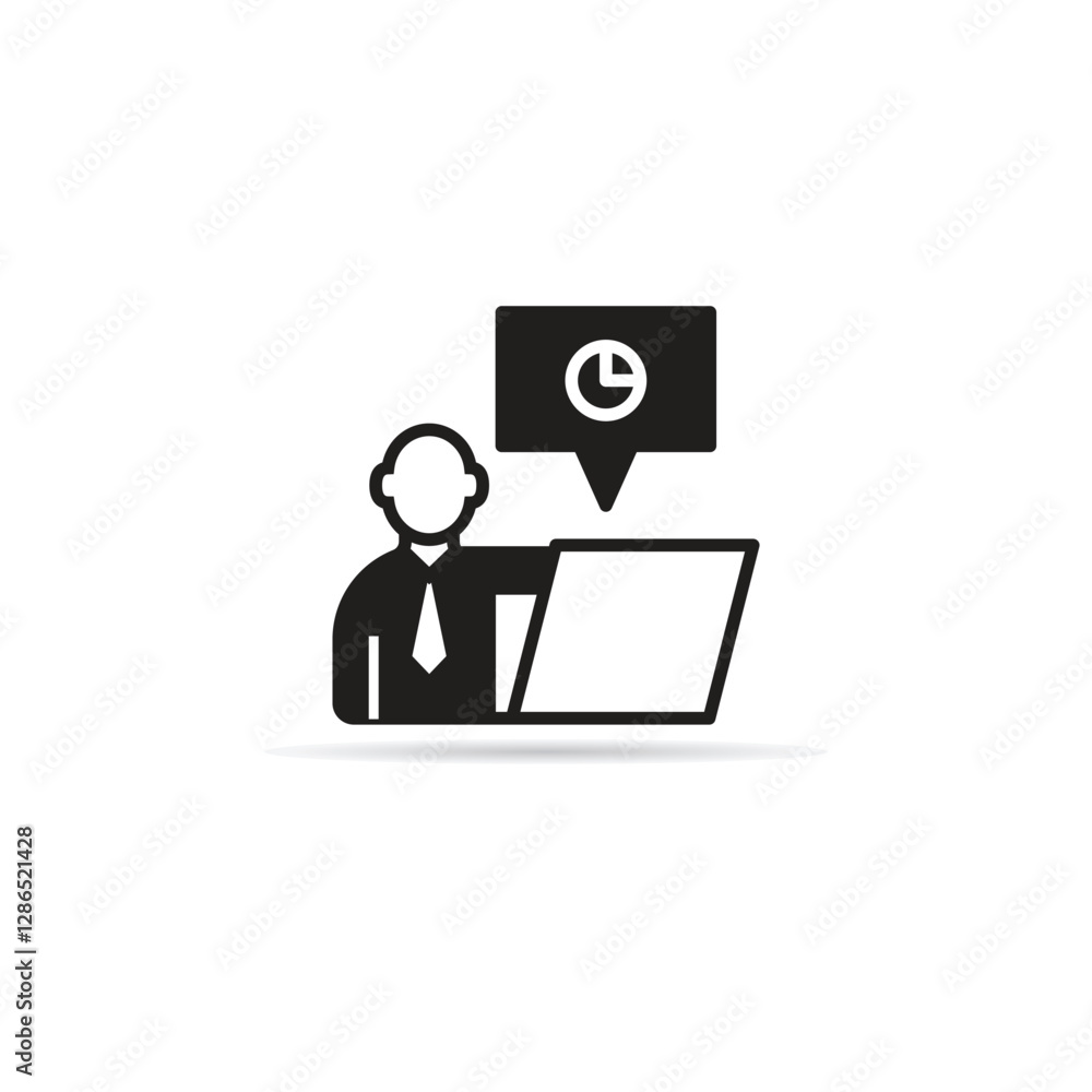 businessman working on laptop and pie chart icon with shadow on white background businessman working on laptop and pie chart icon with shadow on white background