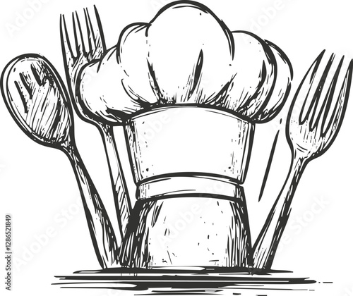 Illustration of a chef hat with cutlery, including forks and a spoon.