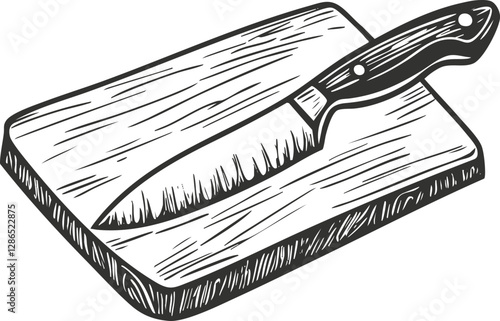 Hand-drawn illustration of a kitchen knife on a cutting board.