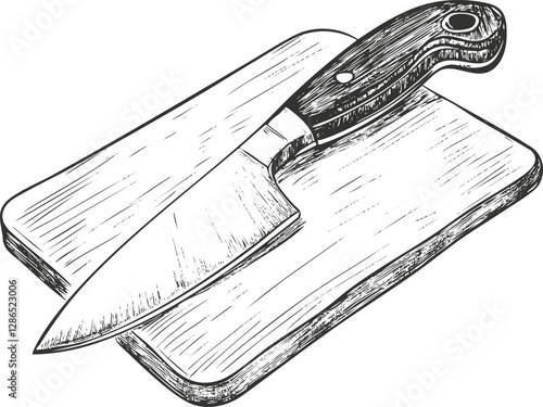 Hand-drawn illustration of a knife on a wooden cutting board.