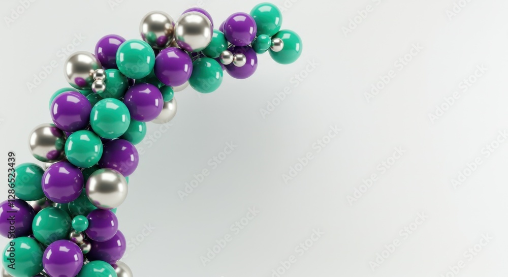 Fototapeta premium Colorful Christmas ornaments, metallic spheres, purple and teal baubles, curved arrangement, white background, festive holiday decor, shiny surfaces, macro photography, minimalist composition, reflect