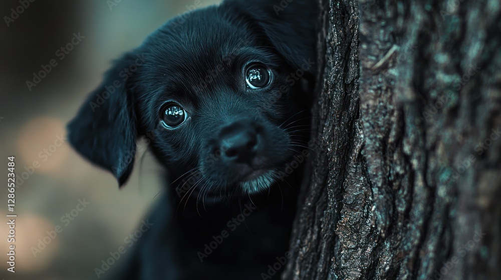 A Shy Black Puppy Hiding Behind a Tree A Shy Black Puppy Hiding Behind a Tree
