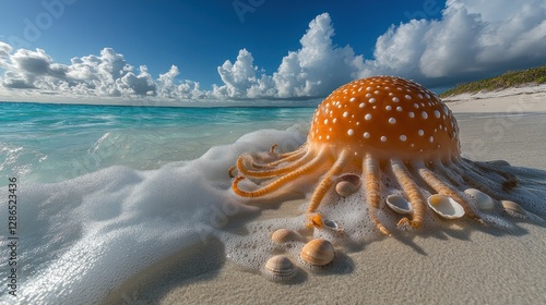 Fototapeta Naklejka Na Ścianę i Meble -  Orange sea creature washed ashore on tropical beach with seashells and waves. Background shows vast ocean and sky.  Possible use Travel brochure, nature magazine