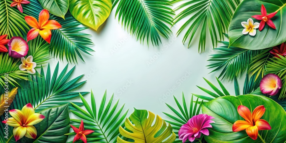 Palm Leaf Frame with Vibrant Tropical Colors, tropical frame, exotic flowers Palm Leaf Frame with Vibrant Tropical Colors, tropical frame, exotic flowers