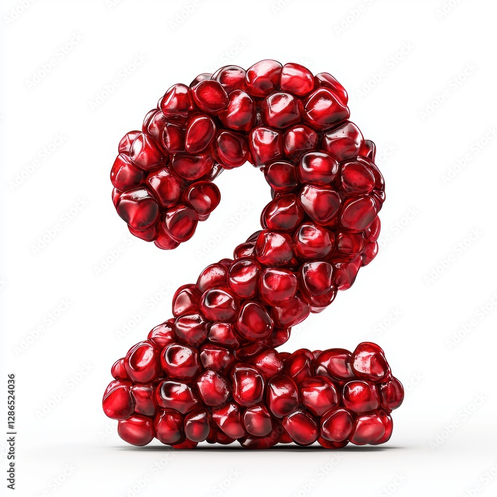 Number 2 made of juicy pomegranate seeds with deep ruby-red color and glossy reflections isolated on a clean white background Number 2 made of juicy pomegranate seeds with deep ruby-red color and glossy reflections isolated on a clean white background
