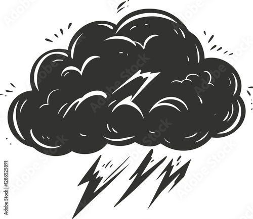 Dark cloud with lightning bolts illustration symbolizing stormy weather.