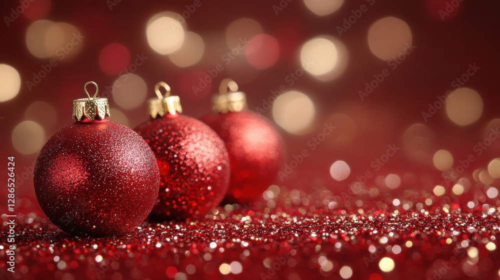 Shiny red Christmas ornaments on sparkling background create festive atmosphere Shiny red Christmas ornaments on sparkling background create festive atmosphere