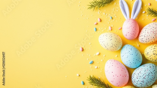 Easter - themed image with colorful speckled eggs on a bright yellow background, featuring an egg with bunny ears. The playful and cheerful composition is great for Easter - related decorations