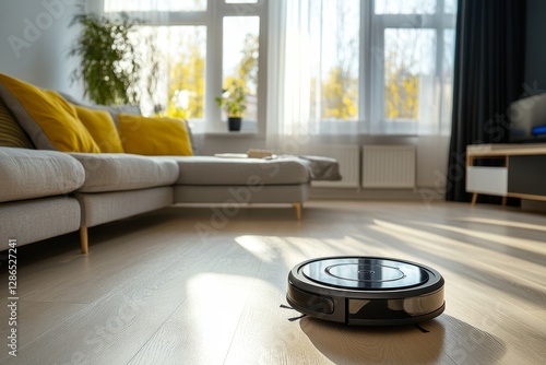 Modern Robotic Vacuum Cleaner in Bright Living Room Environment