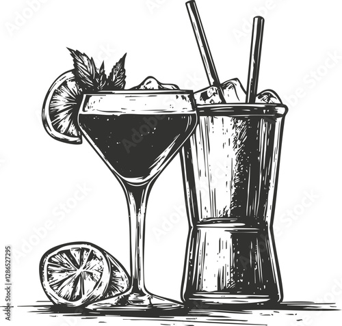 Hand-drawn illustration of cocktails with lemon and mint garnish.