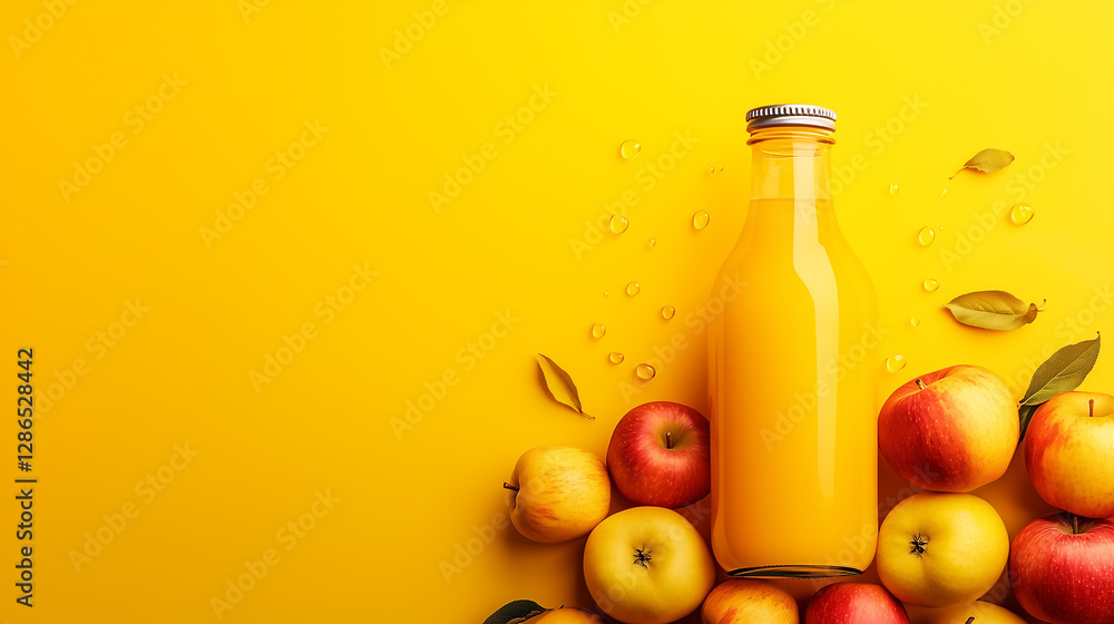 bottle of fresh orange juice with ripe apples bottle of fresh orange juice with ripe apples