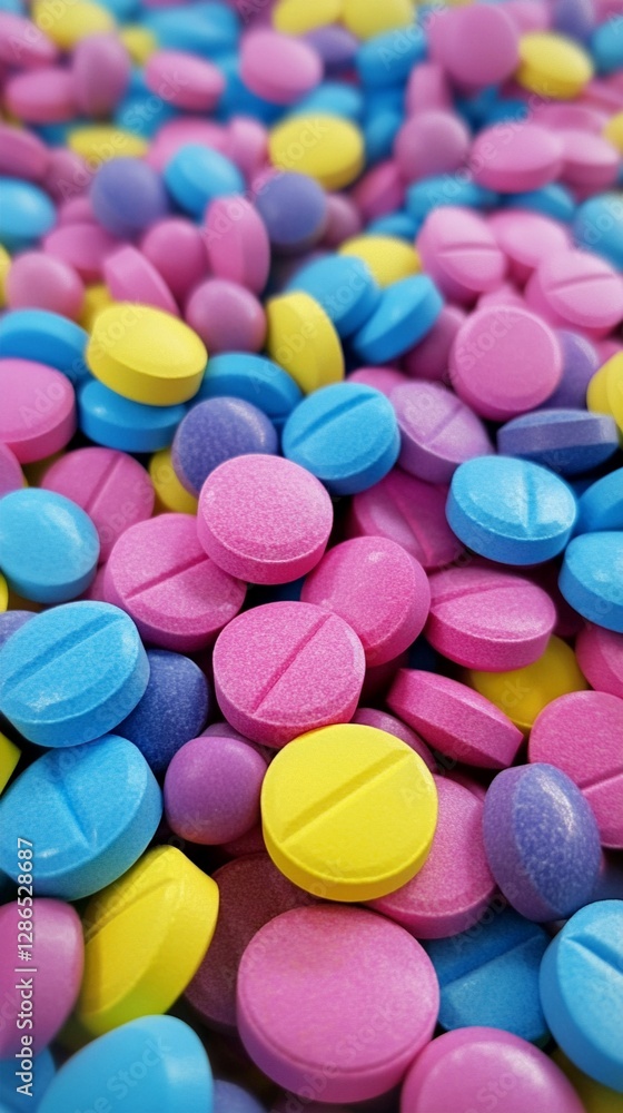Colorful pharmaceutical tablets in pink, yellow, blue and purple colors scattered across surface, showing medicine scoring lines, macro close-up view of prescription drugs Colorful pharmaceutical tablets in pink, yellow, blue and purple colors scattered across surface, showing medicine scoring lines, macro close-up view of prescription drugs