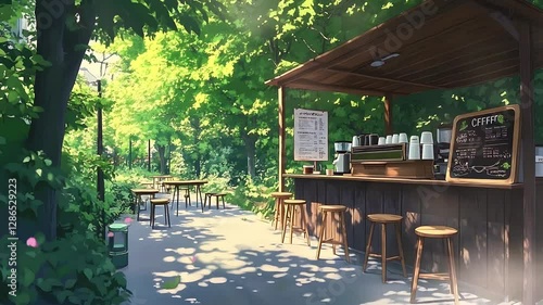 Outdoor Cafe in a Park. Suitable for acoustic, indie folk, or jazz music. Seamless looping time lapse animation video background, lo-fi art.