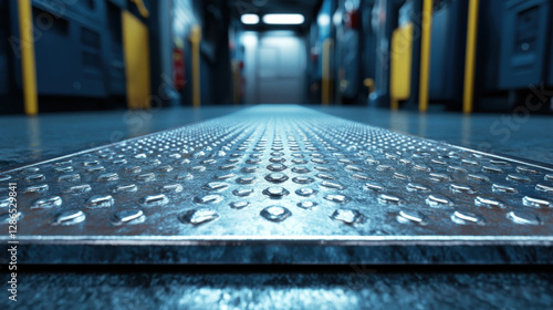 close up view of textured metal floor with water droplets, reflecting light in corridor