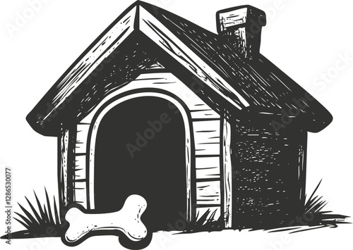 Illustration of a doghouse with a bone in black and white.
