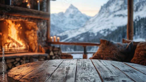 Empty wooden table in cozy room in a wooden mountain cottage with a burning fireplace against winter background of snowy mountains and trees. Country holidays, skiing, weekend in mountains. Copy space