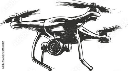 Monochrome sketch of a quadrocopter drone with a camera.