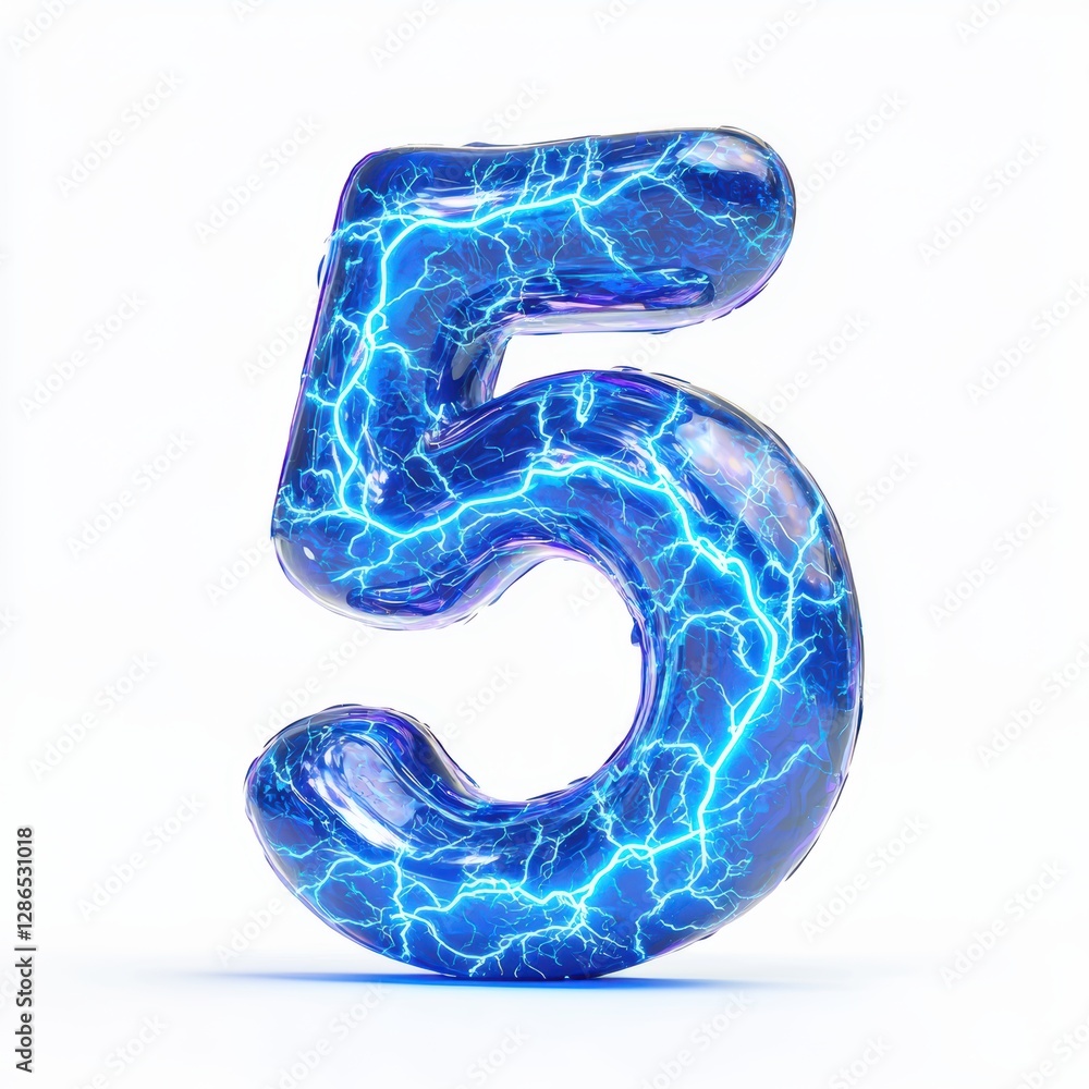 Number 5 made of electrified plasma arcs with bright blue lightning bolts crackling across its surface isolated on a clean white background Number 5 made of electrified plasma arcs with bright blue lightning bolts crackling across its surface isolated on a clean white background