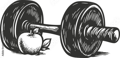 Black and white illustration of a dumbbell and an apple symbolizing health.