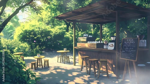 Outdoor Cafe in a Park. Suitable for acoustic, indie folk, or jazz music. Seamless looping time lapse animation video background, lo-fi art.