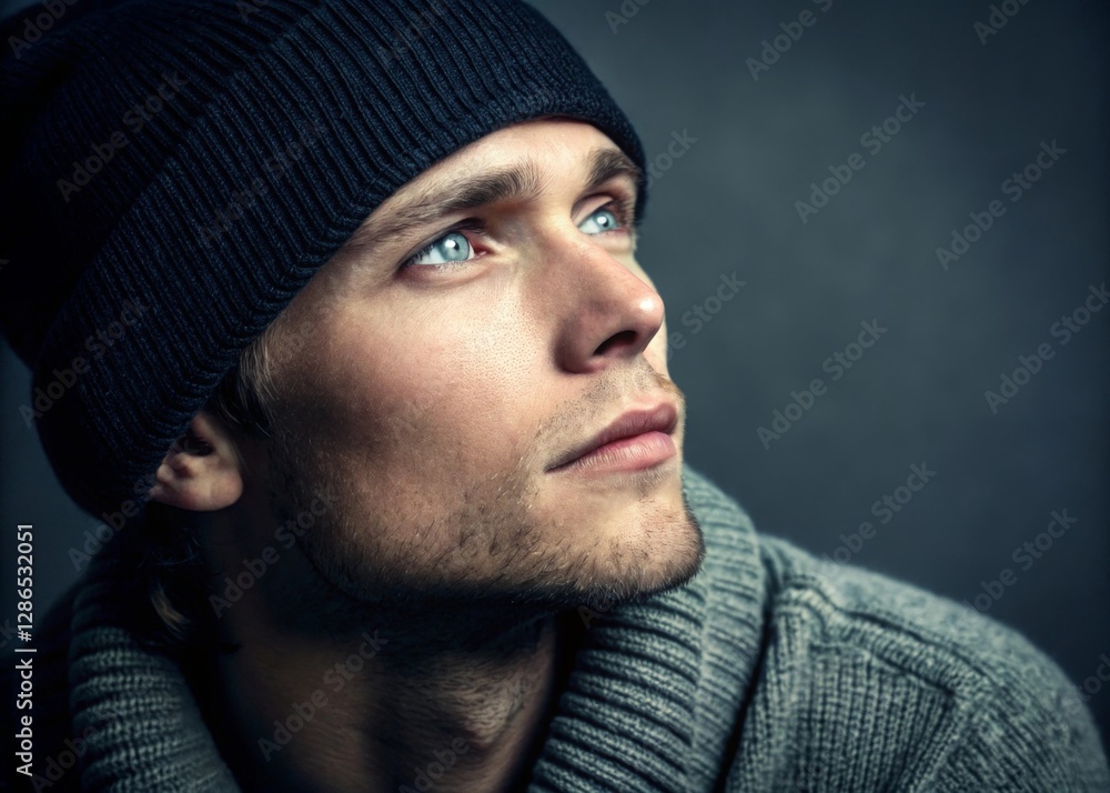 Contemplative young white man with beanie gazing into the distance studio portrait soft lighting artistic expression Contemplative young white man with beanie gazing into the distance studio portrait soft lighting artistic expression