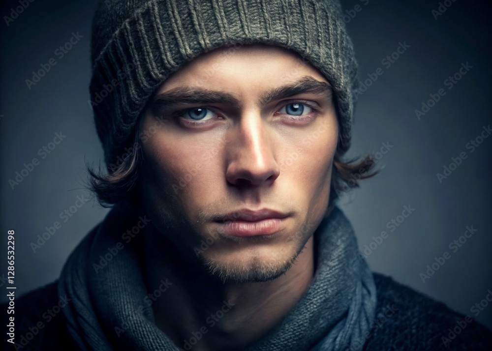 Young white man with beanie gazing thoughtfully into the distance studio portrait intimate lighting close-up reflective mood Young white man with beanie gazing thoughtfully into the distance studio portrait intimate lighting close-up reflective mood