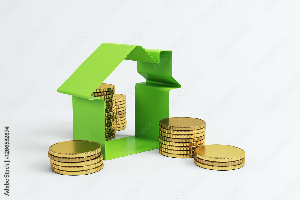 Green house-shaped structure with stacks of gold coins on a light background. Concept of real estate investment, mortgage, savings, and property finance. 3D Rendering Green house-shaped structure with stacks of gold coins on a light background. Concept of real estate investment, mortgage, savings, and property finance. 3D Rendering