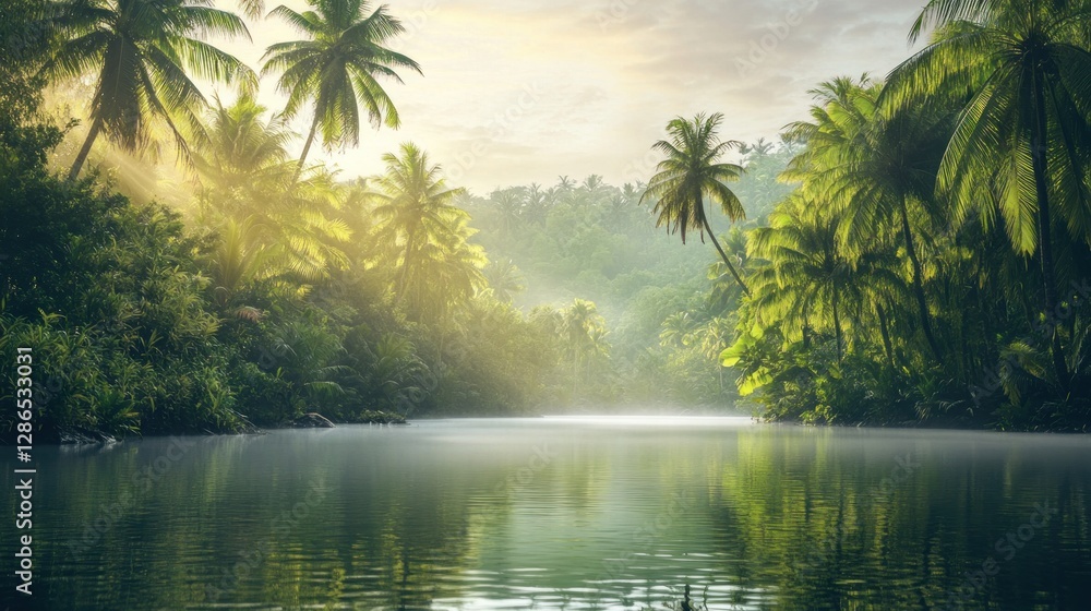 Obraz premium Tropical River Scene at Sunrise with Palm Trees and Lush Vegetation