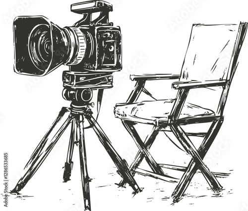 Illustration of a vintage camera on a tripod beside a director's chair.