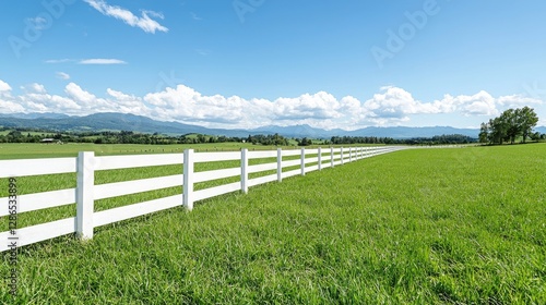 White fence in a grassy field with mountains in the background.  Possible use for depicting rural landscapes