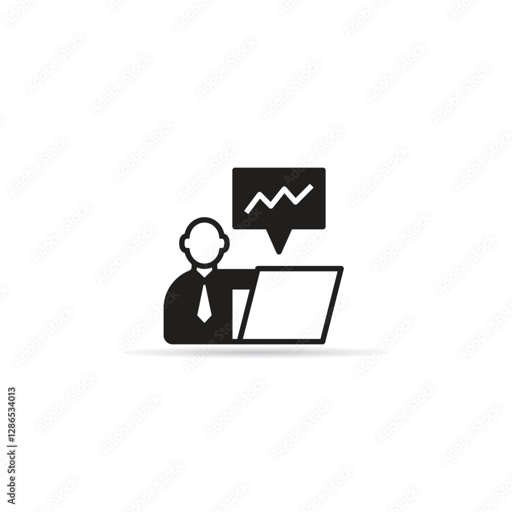 businessman working on laptop icon with shadow on white background businessman working on laptop icon with shadow on white background