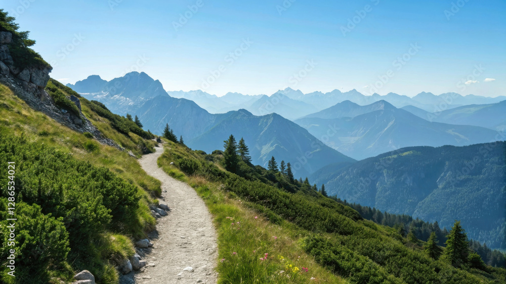 scenic hiking trail winds through lush greenery, offering breathtaking panoramic views of distant mountains and valleys under clear blue sky scenic hiking trail winds through lush greenery, offering breathtaking panoramic views of distant mountains and valleys under clear blue sky