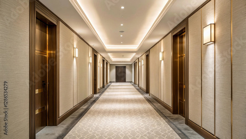 modern hotel hallway with soft lighting, elegant design, and luxurious atmosphere. corridor features stylish doors and plush carpet, creating welcoming ambiance