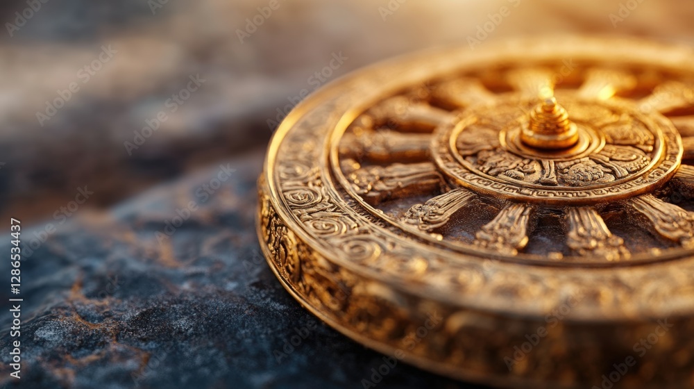 A detailed golden Dharma Wheel resting on textured stone, symbolizing the Buddhist path, enlightenment, and spiritual journey A detailed golden Dharma Wheel resting on textured stone, symbolizing the Buddhist path, enlightenment, and spiritual journey