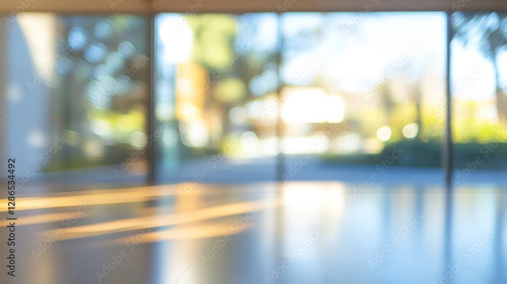 Blurred interior view of a sunlit room with large windows showing a garden outside. Blurred interior view of a sunlit room with large windows showing a garden outside.