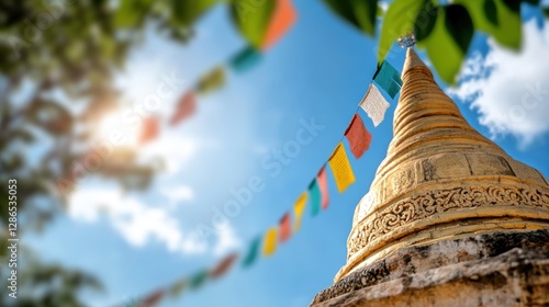 Golden stupa with fluttering prayer flags against a bright blue sky, captured from a low angle with sunlight illuminating the scene