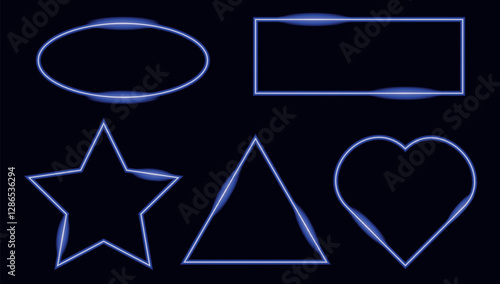Set of neon frames of different shapes on a black background. Empty space for an image, painting, postcard, photograph, text. Vector glowing figures