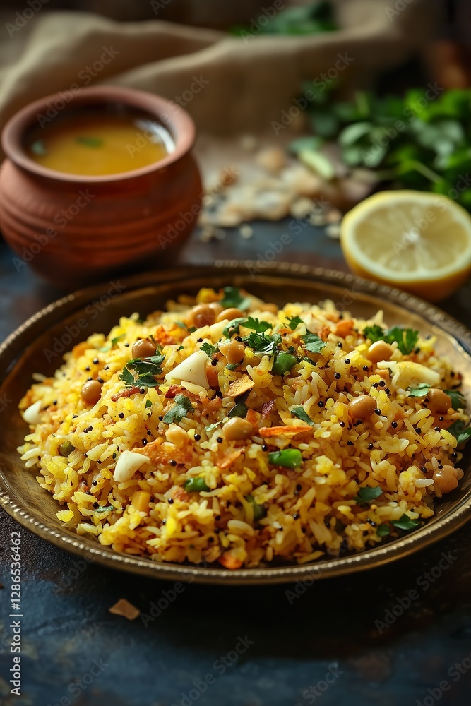 Authentic Mumbai-Style Poha with Sev, Coriander, and Masala Chai in Warm Light Authentic Mumbai-Style Poha with Sev, Coriander, and Masala Chai in Warm Light