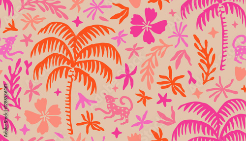 Tropical seamless pattern with hand drawn palm trees. Hawaiian florals summer background for fabric, textiles, clothing, poster, cover, decoration, banner, wallpaper, interior. Vector illustration.