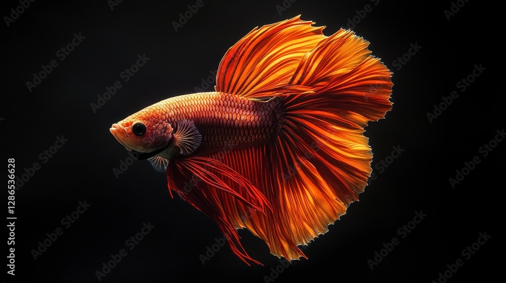 Obraz premium Fiery Orange Betta Fish Elegant Tail Aquarium Underwater Tropical Fish