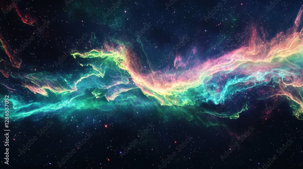 Obraz premium A breathtaking celestial aurora stretches across a nebula, shifting in waves of neon light