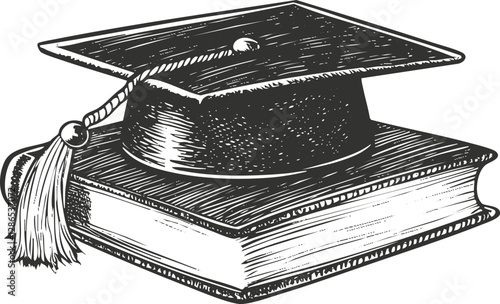 Illustration of a graduation cap resting on an academic book.