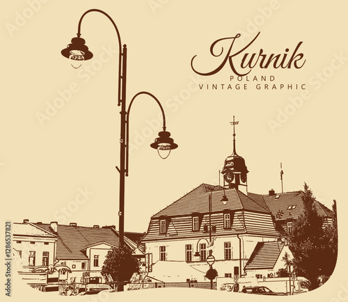 Old castle, Kurnik, Poland. Vintage brown and beige graphics, engraved, vector. Old retro design.