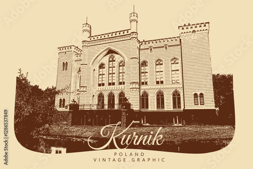 Old castle, Kurnik, Poland. Vintage brown and beige graphics, engraved, vector. Old retro design.
