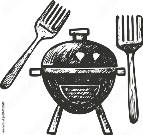 Hand-drawn illustration of a barbecue grill with two forks.