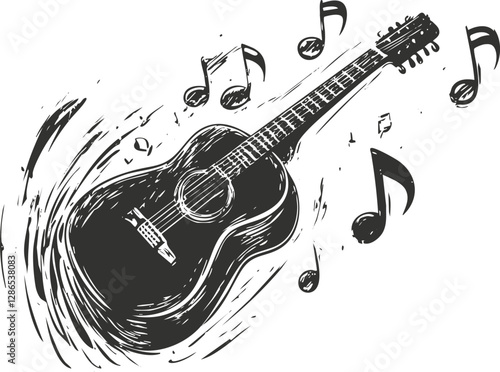 Artistic black and white illustration of an acoustic guitar with music notes.